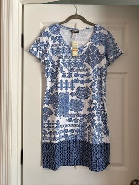 Tommy Bahama White and Blue Printed Short Sleeve Mini Dress